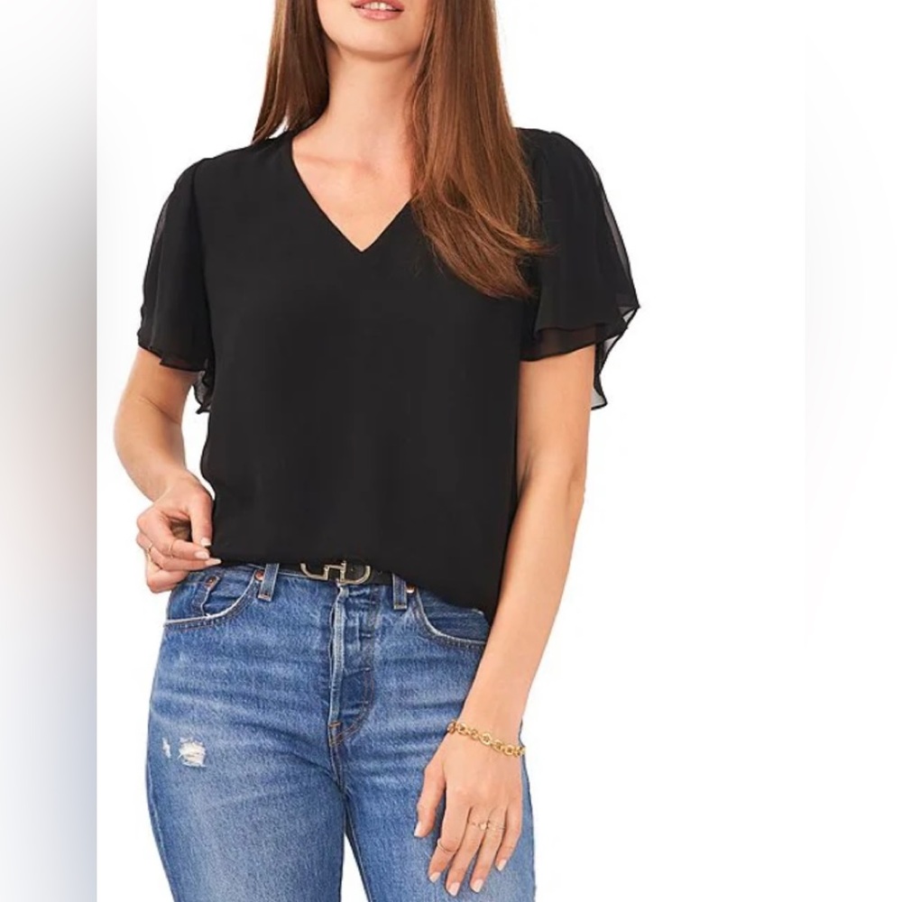 Vince Camuto V-Neck Layered Tulip Short Sleeve Top in Black and White Polka Dot